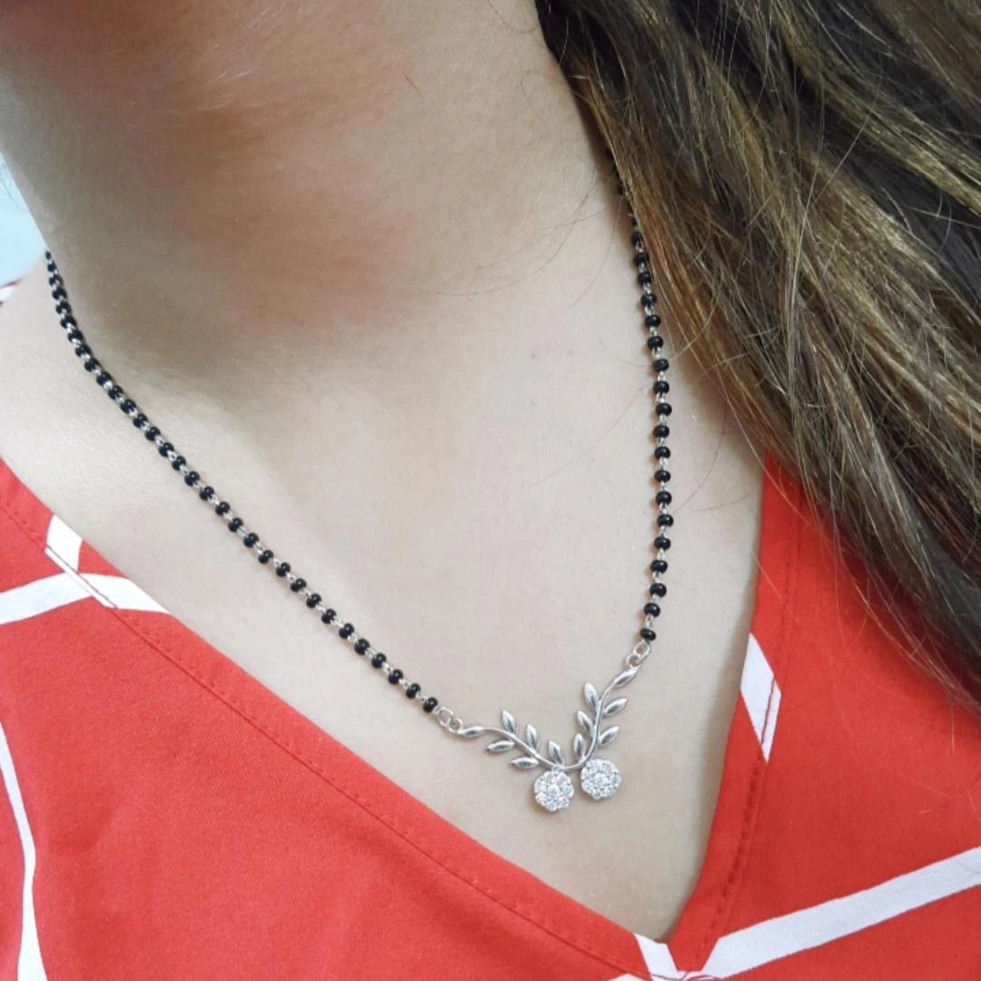 Flower Leaf Zirconia Silver Mangalsutra