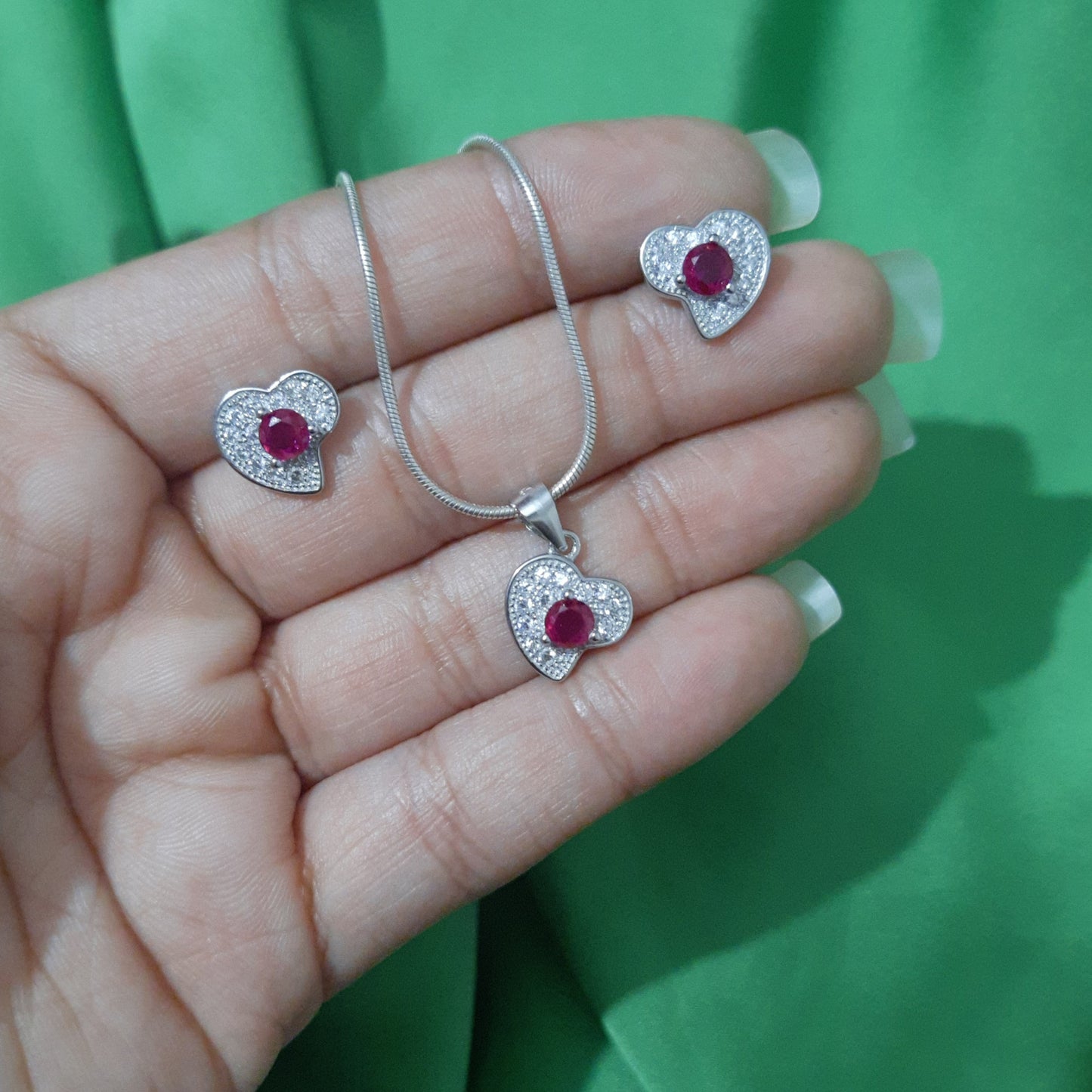 Heart with Red Stone Pendant Set